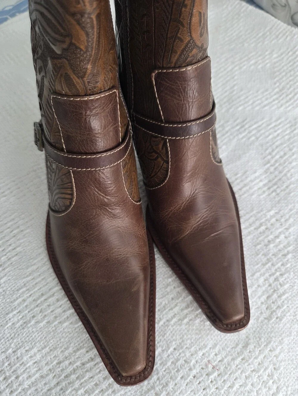 Worthington Brown Leather Embossed Tooled Heeled Ankle Boots Size 8M